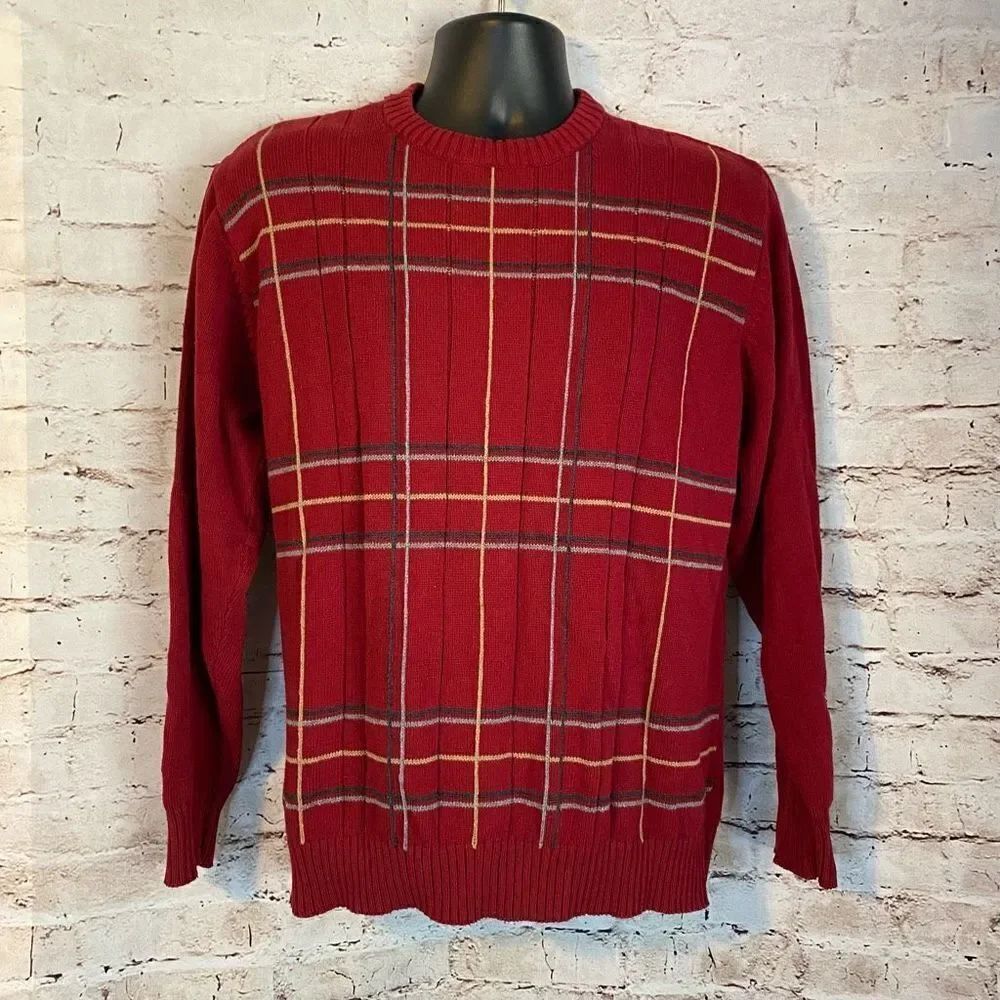 Oscar De La Renta Mens Pullover Sweater Knit Plaid Long Sleeve Ribbed Red XL